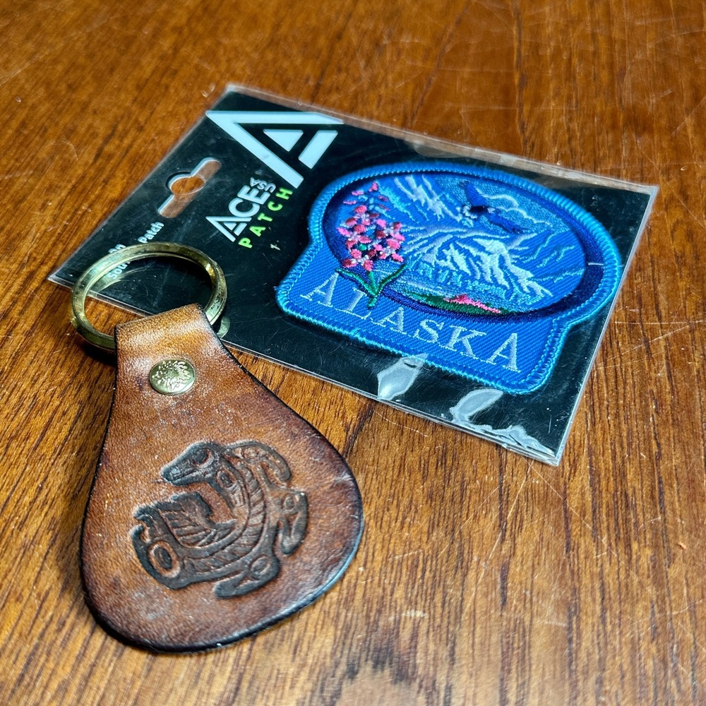 Alaska Souvenir Bundle Iron On Patch and Leather Keychain Native Design USA